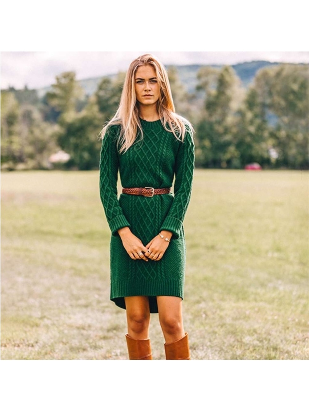 Kiel James Patrick Green Cable Knit Sweater Dress